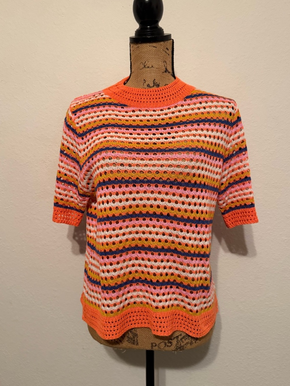 Crochet vibrant short sleeve sweater in orange,pink, blue. Medium